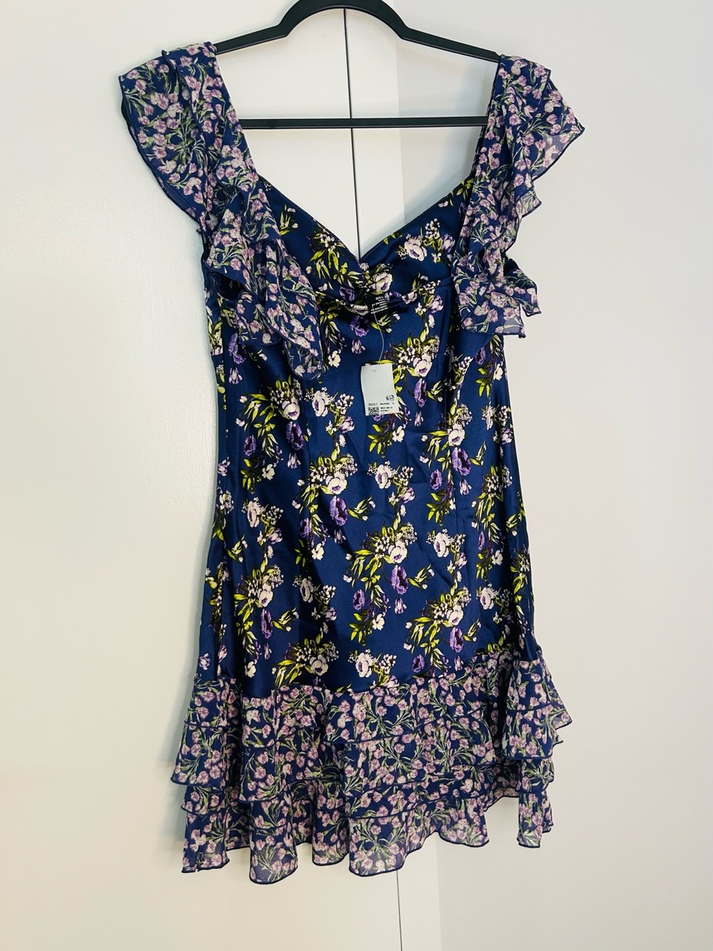 Forever 21 Womens Navy Floral Ruffle Mini Dress Size L NWT - Picture 3 of 8